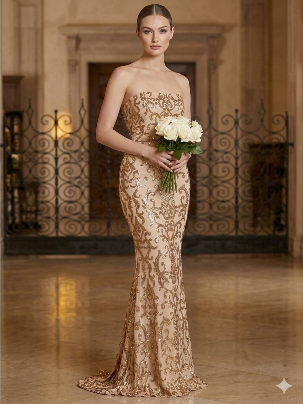 Windsor Strapless Embellished Gown in Champagne Gold